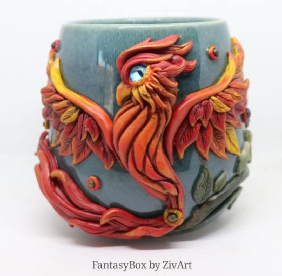 Főnix bögre - egyedi kézműves fantasy ajándék