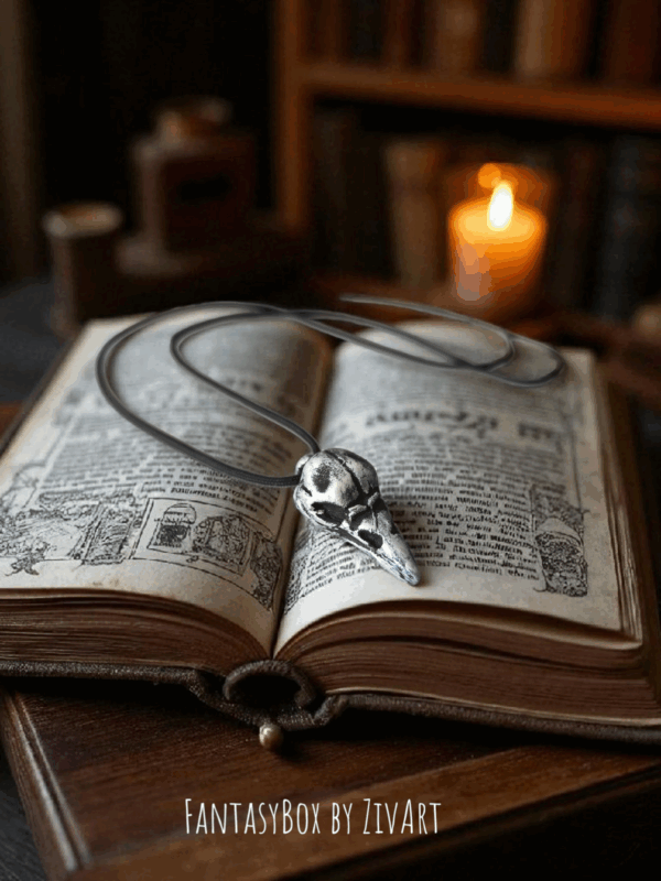 Varjú koponya medál - egyedi kézműves fantasy ajándék