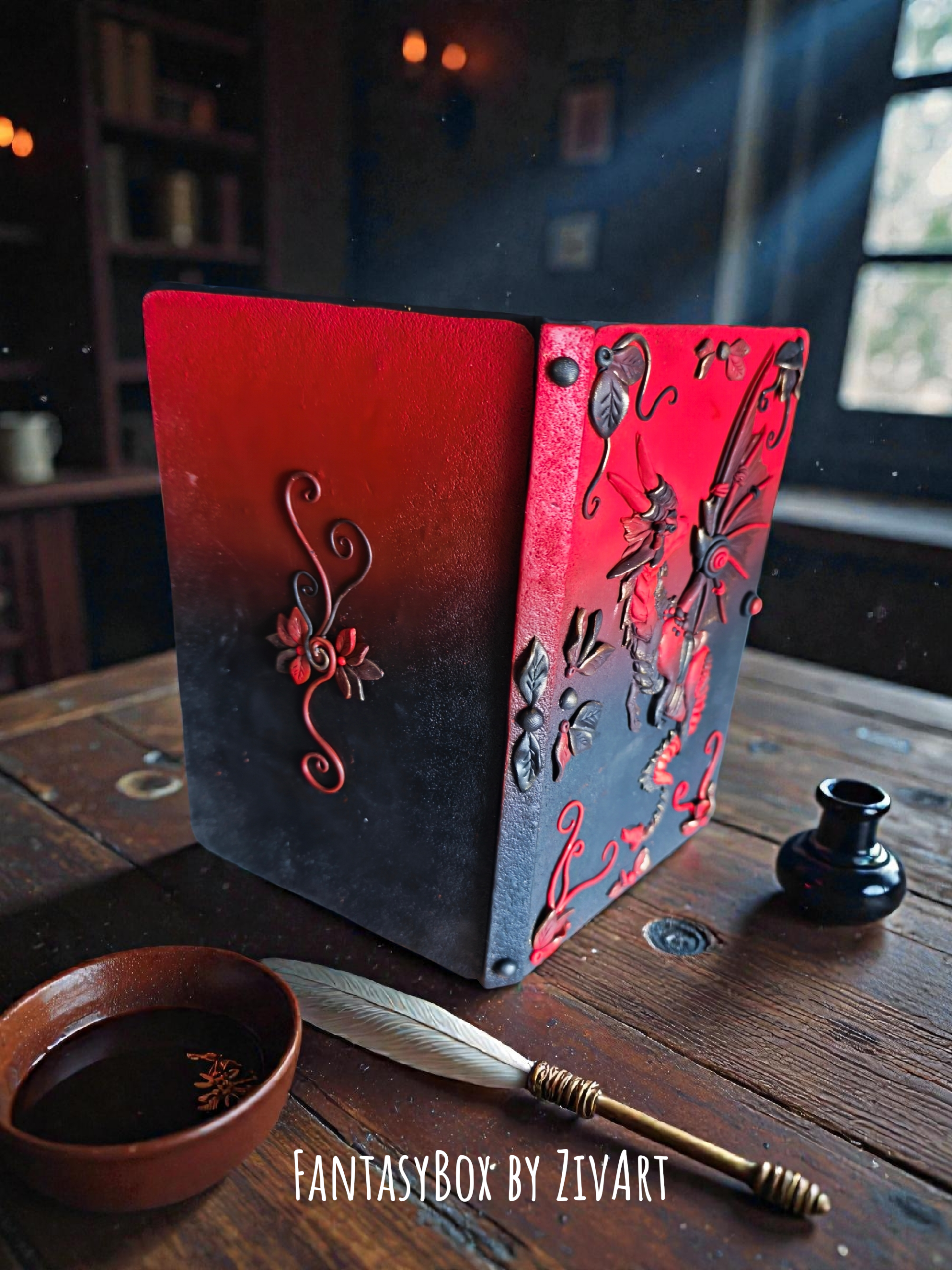 Vörös - fekete sárkányos fantasy napló - egyedi kézműves fantasy ajándék