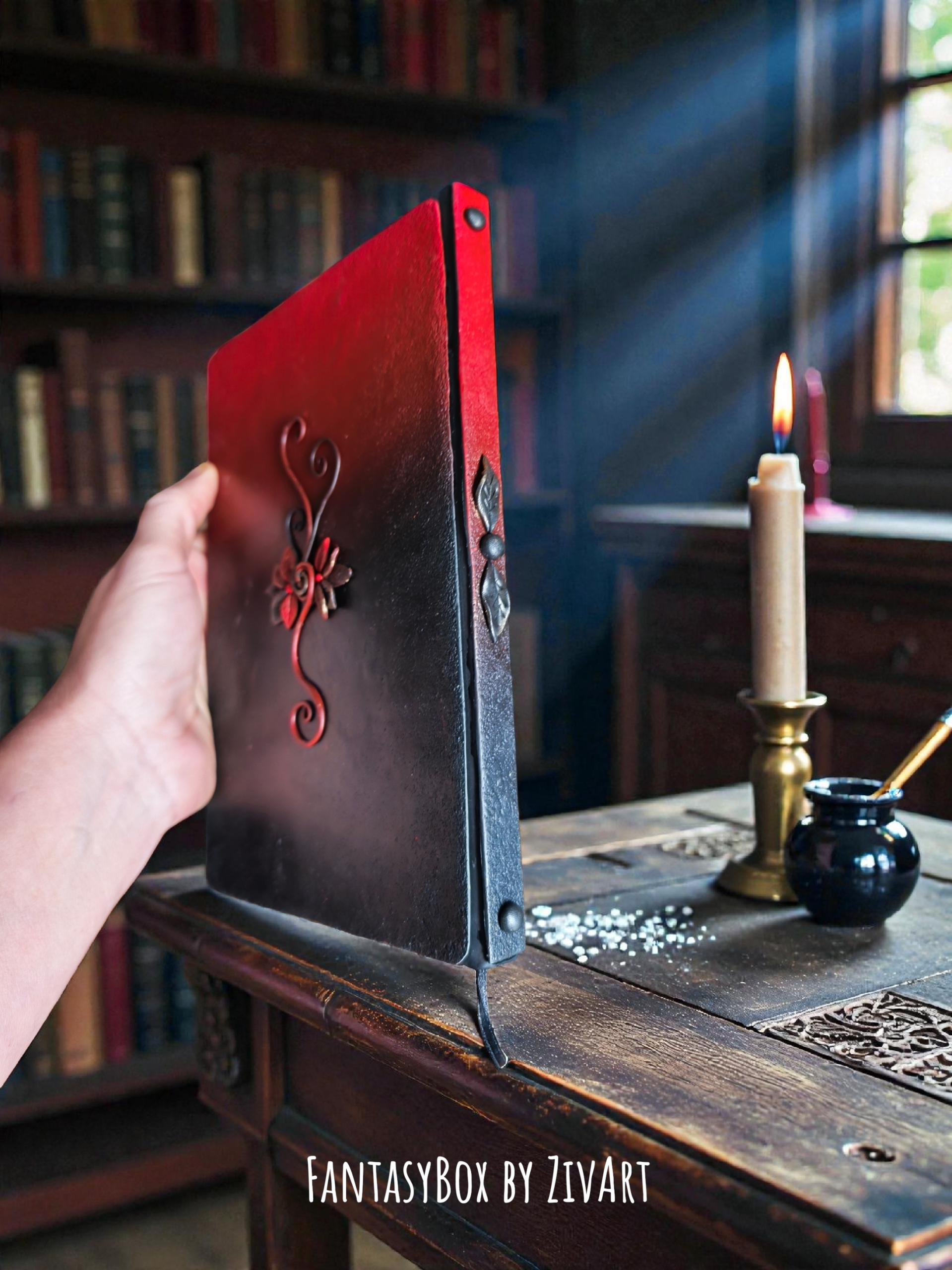 Vörös - fekete sárkányos fantasy napló - egyedi kézműves fantasy ajándék